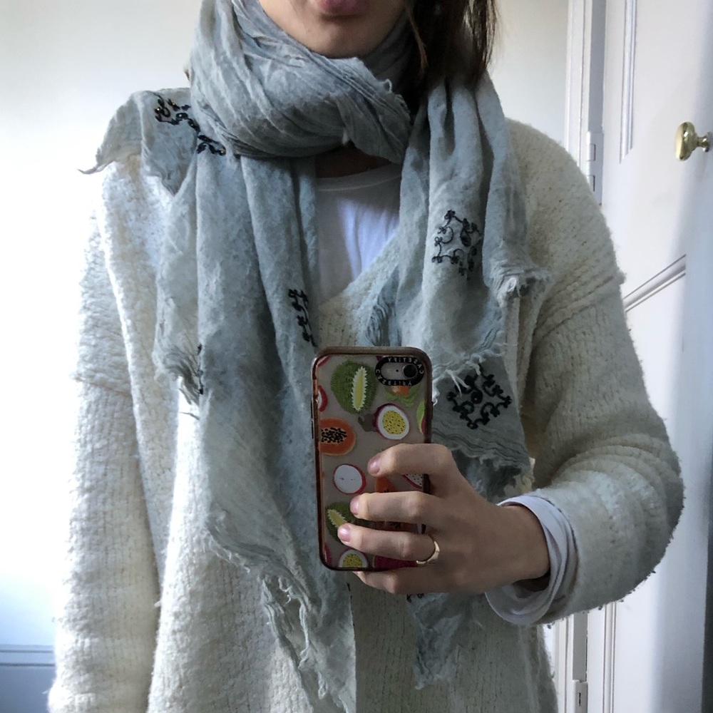 Gray Anthropologie Scarf with Embroidery and Beads